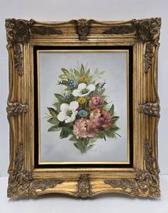 lot 285 image: Ornately Framed Signed Oil on Canvas Still Life Painting wFlowers