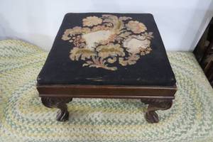 lot 23 image: Upholstered carved foot rest, needs...