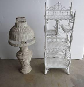 lot 57 image: Vintage wicker floor lamp and shelv...