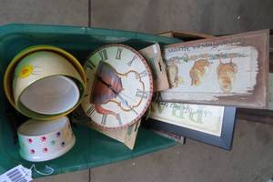 lot 107 image: Wood items, clock, spoon holder, pl...