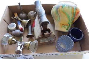 lot 114 image: Sad iron, door knob, bells, pottery...