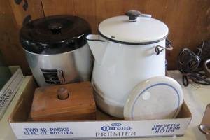 lot 135 image: Enamel coffee pot, metal canister s...