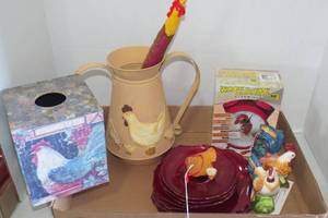lot 145 image: Rooster items with red dishes...