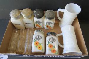 lot 184 image: Vintage spice shakers, etched shot ...
