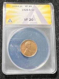 lot 07 image: 1926-S US WHEAT CENT ANACS VF20