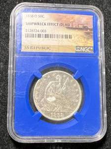lot 08 image: 1858-O US SEATED LIBERTY HALF DOLLAR NGC SHIPWRECK EFFECT AU