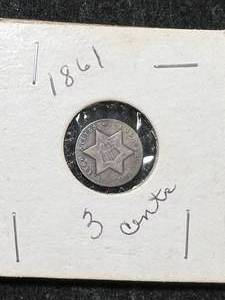 lot 15 image: 1861 US 3 CENT SILVER