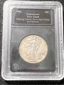 lot 20 image: 1943 US WALKING LIBERTY HALF DOLLAR SLABBED VG