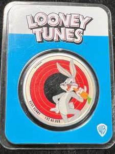 lot 55 image: 1 TROY OZ .999 FINE SILVER BUGS BUNNY ROUND IN CASE