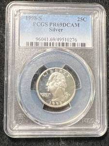 lot 75 image: 1998-S US PROOF SILVER QUARTER PCGS PR69DCAM