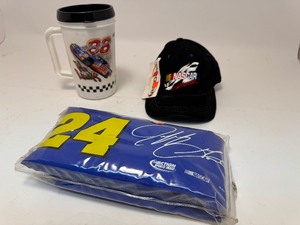 lot 6 image: Jeff Gordon Sling Cooler, Vintage NASCAR Hat, Dale Jarrett #88 Super Thermos 22oz