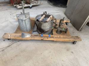 lot 10 image: Vintage Cart, Vintage Funnel, Mop Bucket, Meat Grinder