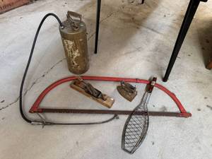 lot 47 image: Bow Saw, Vintage Sprayer, Sad Iron, Wood Plane and Fish Griller