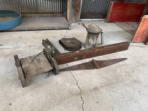 lot 65 image: Large Hinge, Level, Pully, Oil Can and Cart