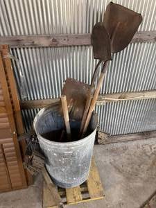 lot 73 image: Galvanized Garbage Can with Shovels