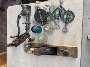 lot 83 image: Wood Plane, Vintage Insulators, Pipe parts, Meat Grinder