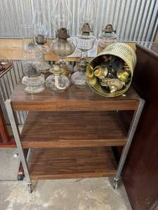 lot 103 image: Vintage Kerosene Lamps and Rolling Cart