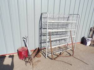 lot 162 image: Metal Rack, Vintage Large Hooks, Vintage Can and more