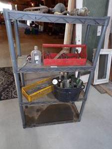 lot 80 image: Plastic Shelf with Tools, Tool Boxes Pop Bottles