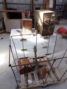 lot 9 image: Vintage Cart, Cabinet, Metal Filing Boxes, Box of Nails, Hardware