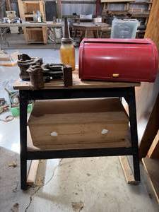 lot 45 image: Wood Desk, Bread Box, Vintage Oil Jar with Spout