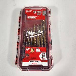 lot 27 image: Open Box Milwaukee 15 Piece Red Helix Titanium Drill Bit Set 48-89-4670 One Bit Is Chipped Great Condition