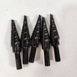 lot 47 image: Lot Of Five New Step Drill Bits For Drilling Multiple Size Holes In Thin Materials Like Metal