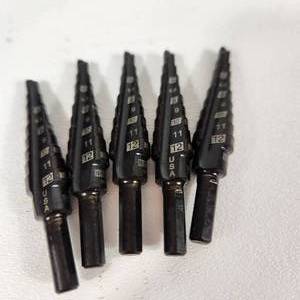 lot 49 image: Lot Of Five New Step Drill Bits For Drilling Multiple Size Holes In Thin Materials Like Metal