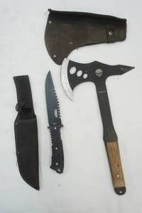 lot 376 image: Zombie Killer Hatchet and Defender Extreme Hunting Knife