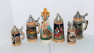 lot 142 image: 1969 Stitzel Weller Distillery Decanter and Five Beer Steins