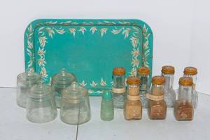 lot 143 image: Vintage Spice Jars, Tray and Salt Shakers