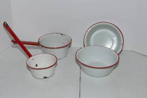 lot 100 image: Vintage White and Red Enamelware