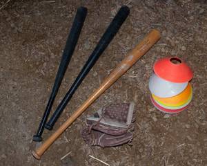 lot 96 image: Wooden Bat, Glove, Two Plastic Bats and Markers