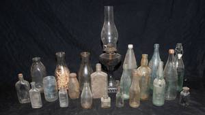 lot 106 image: Vintage Glass Bottles and Lantern