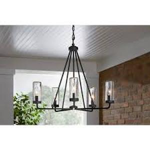 lot 36 image: Hampton Bay Bainbridge 24 in. 5-Light Black Outdoor Urban Industrial Chandelier with Clear Seeded Glass Shades Customer Returns See Pictures