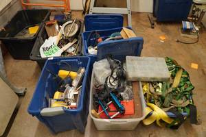 lot 272 image: Bins with Assorted Tools and Ratchet Straps