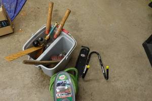 lot 443 image: Assorted Hardware - 75 Garden Hose, Garage Hooks, Shears