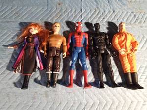 lot 40 image: Luke Skywalker, Marvel Black Panther & Spiderman and Frozen Kristoff & Anna dolls