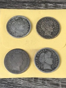 lot 274 image: Lot of 4 Barber Silver Dimes  - 1898  (2) 1905  1912