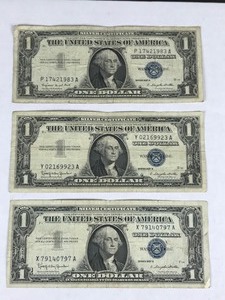 lot 306 image: 3 - Blue Seal 1 Dollar Silver Certificates