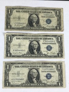 lot 308 image: 3 - Blue Seal 1 Dollar Silver Certificates