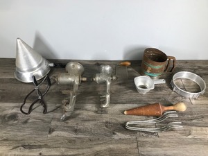 lot 320 image: 2 Vintage Meat Grinders - Strainer - Wooden Pestle Masher and More