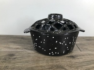 lot 321 image: Vintage wood stove cast iron humidifier, Vtg cast iron lattice top steamer, Vintage cast iron speckled wood stove steamer humidifier