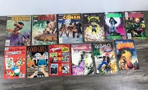 lot 340 image: Lot of 12 Comic Books - Conan - Gantar - Vampirelia - Hollywood Superstars - Walt Disney Comics - Good Girls - The Phony Pages - Elementals - Gizmo - Adventurers