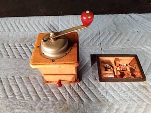 lot 74 image: 195060s Wood Armin Trosser hand-crank coffee grinder and a hand carved plaque from Italy
