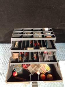 lot 60 image: Tackle box of tackle including a wood Shakespeare swimming mouse fishing lure