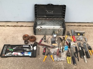 lot 370 image: Lot of Tools with Toolbox - Staples - Staplers - Aluminum Carpet Pulling Claw and More