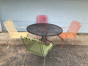 lot 11 image: 4 Multi Colored Chairs and 1 Table Metal Patio Set
