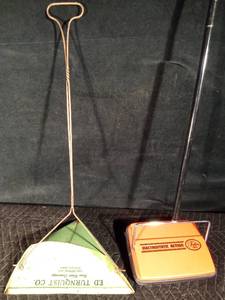 lot 235 image: 1940s Advertised long handle triangle green dustpan with Ed Turnquist Co. advertised on it and vintage Fuller Brush electrostatic action carpet sweeper