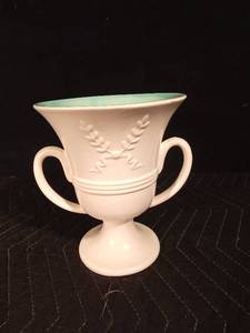 lot 228 image: Vintage Red Wing Ivory semi-matte with leaves and Lt. green inside Trophy vase
